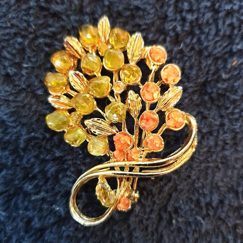 Vintage Retro Amber Gold-Tone Bouquet Floral Statement Brooch